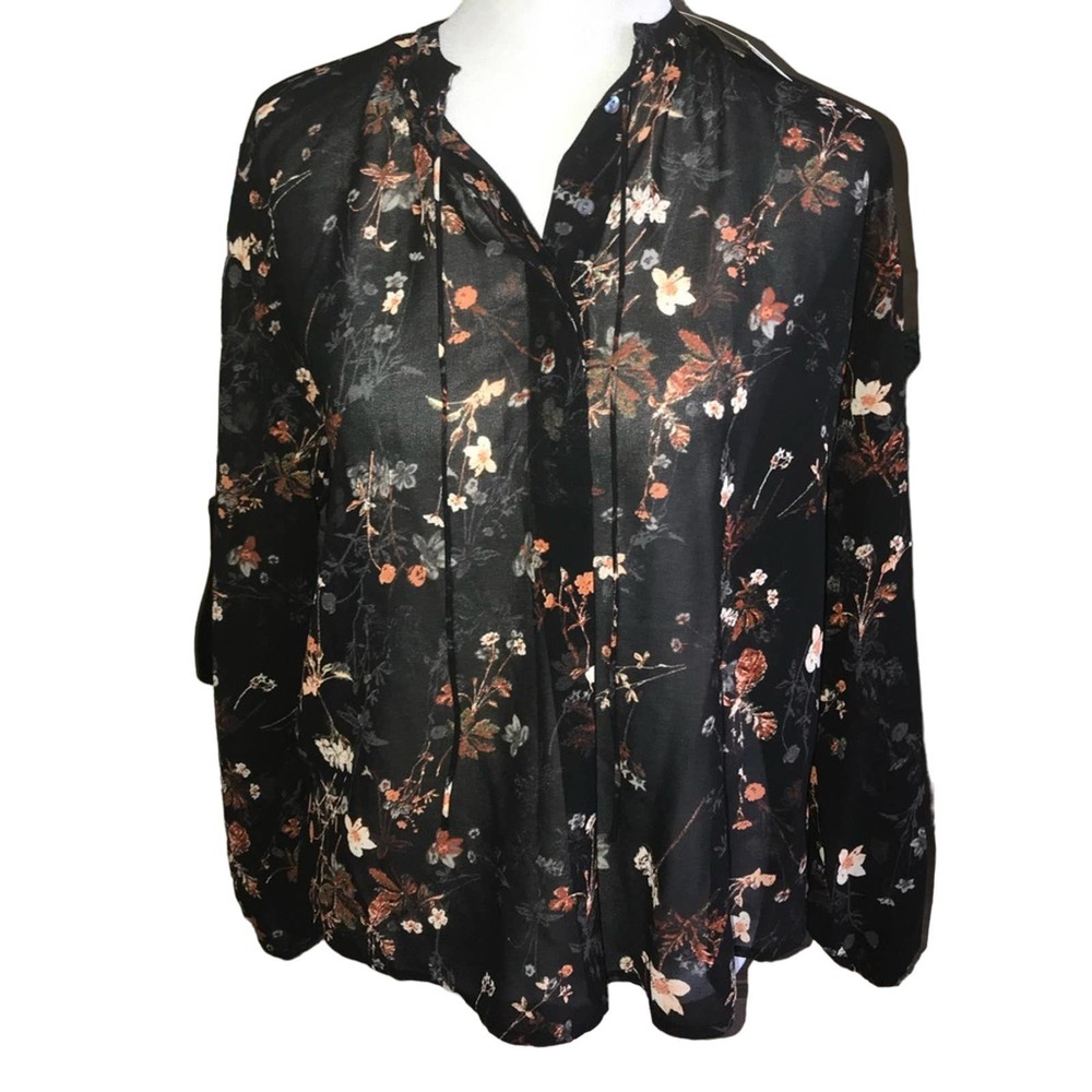 A NEW DAY BLACK WITH MULTICOLOR FLORAL DESIGN SEMI SHEER TOP SIZE XS